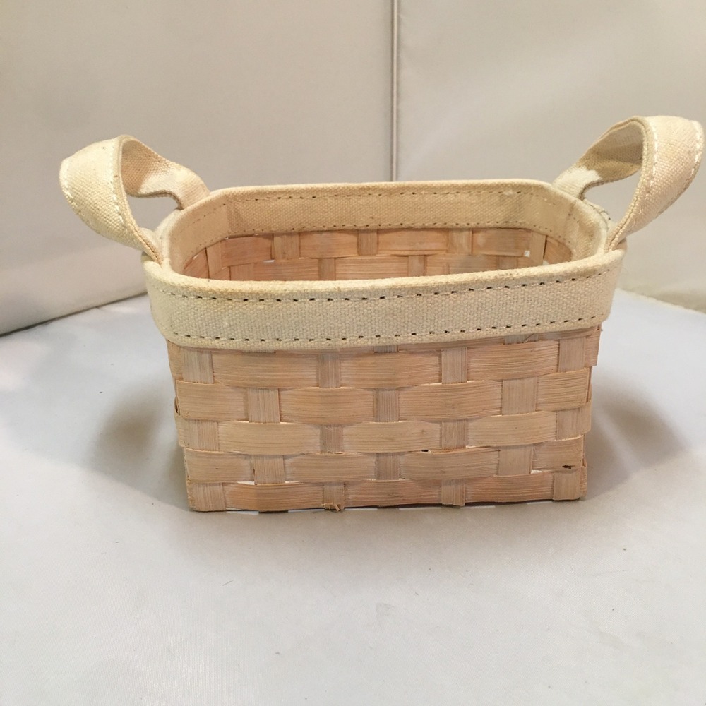 Woven Wood‎ Storage Basket Small Cream Canvas Trim Handles Cottagecore Farmhouse